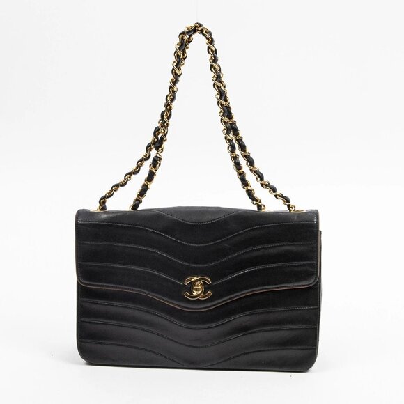 Authentic CHANEL 24K Vintage Timeless Classic Wave Single Flap Bag Chain Purse